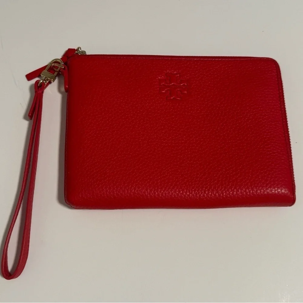 Tory Burch Women's deep red  Large Pebbled zip around clutch/wallet